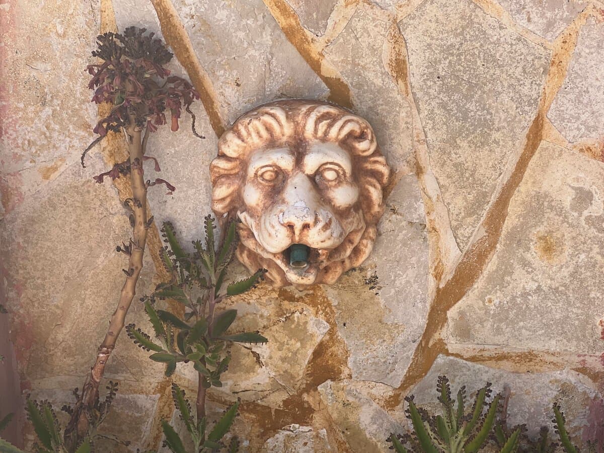 Stone lion fountain on the garden wall
