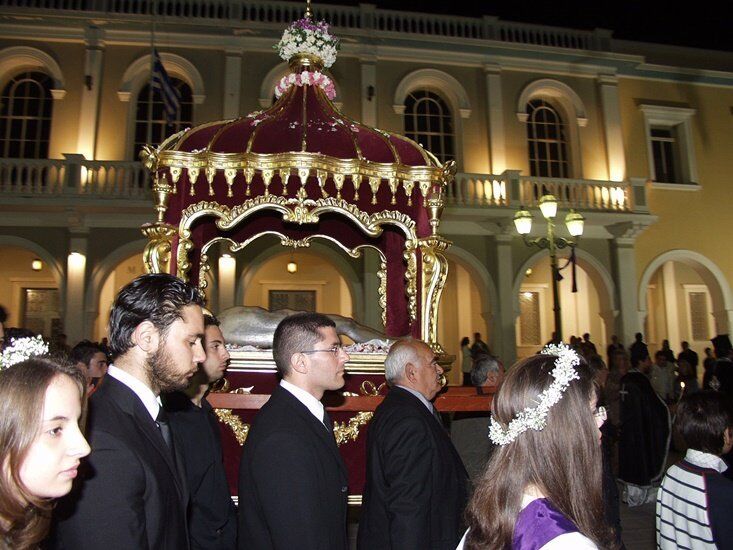 Good Friday epitaphios procession carried through the streets of Zakynthos Town at night