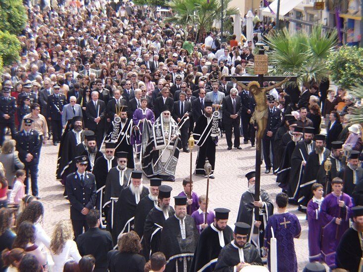 Holy Week procession — clergy and faithful walking through Zakynthos Town