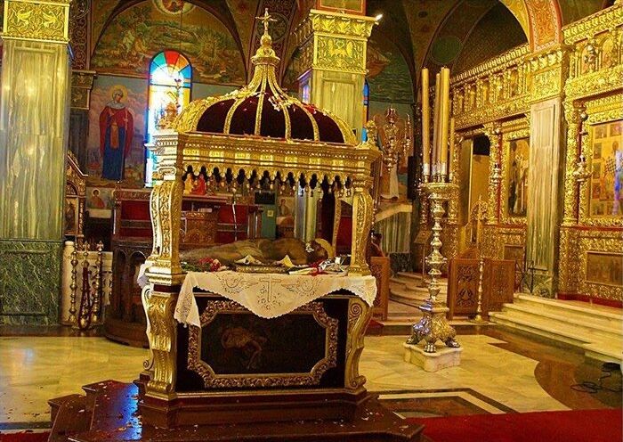 Inside the Church of Saint Dionysios — the ornate golden epitaphios during Holy Week