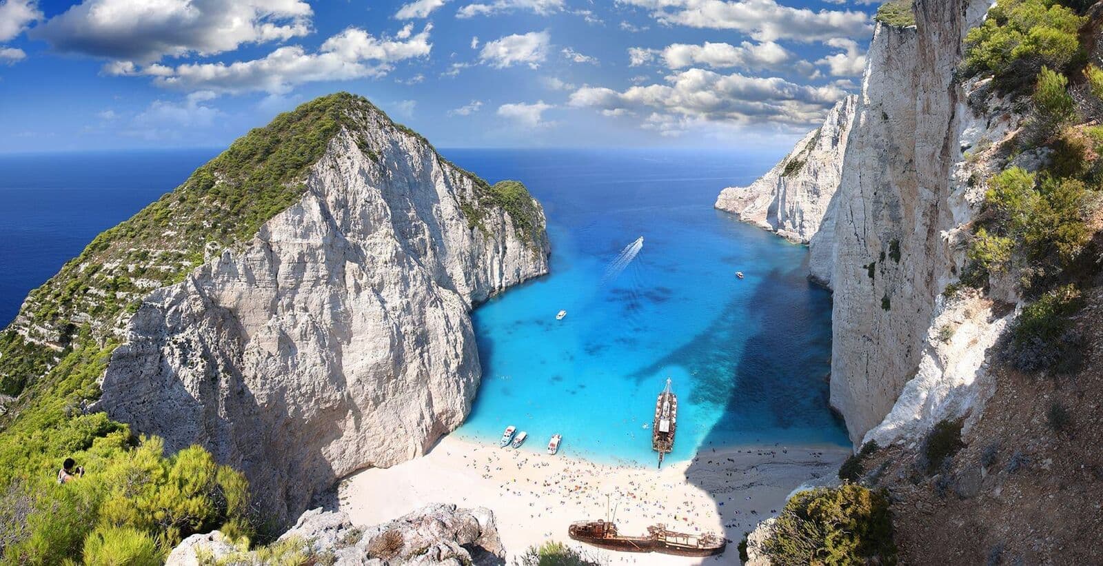 Panoramic view of Navagio Beach from the clifftop viewpoint